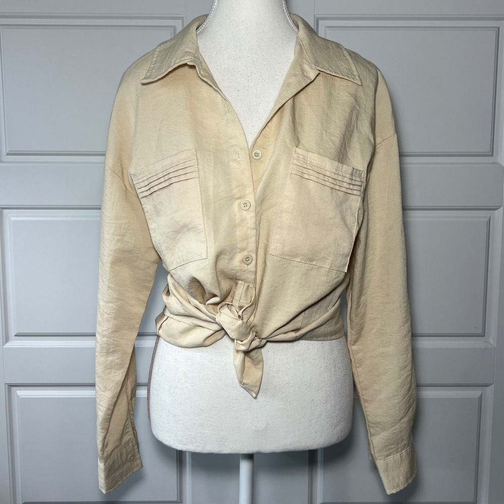 Beige Linen Cotton Button Up‎ Boyfriend Shirt Long Sleeve Utility Pockets Small